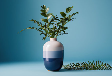Ceramic vase with green plant on blue background. Minimal concept.の素材