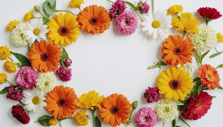Flowers composition. Frame made of calendula flowers on white background. Flat lay, top view, copy spaceの素材