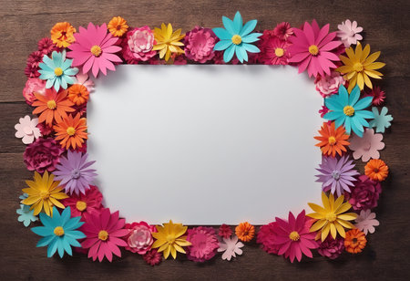 Colorful paper flowers on wooden background. Top view with copy spaceの素材