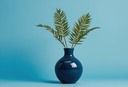Blue vase with a plant on a blue background. 3d renderの素材