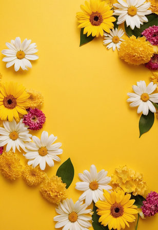 Flowers composition. Frame made of flowers on yellow background. Flat lay, top view, copy spaceの素材