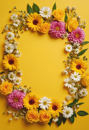 Flowers composition. Frame made of colorful flowers on yellow background. Flat lay, top view, copy spaceの素材