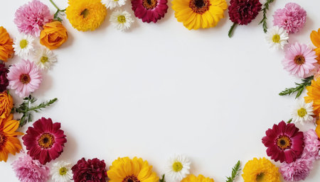 Flowers composition. Frame made of colorful flowers on white background. Flat lay, top view, copy spaceの素材