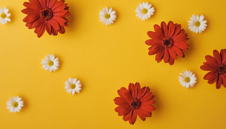 Red and white gerbera flowers on yellow background. Flat lay, top viewの素材
