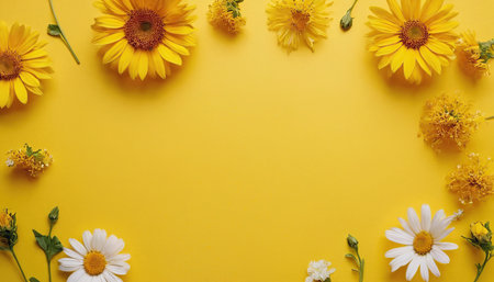 Yellow daisies and chamomile flowers on yellow backgroundの素材