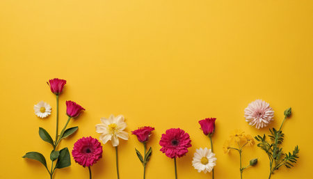 Flowers composition on yellow background. Flat lay, top view, copy spaceの素材