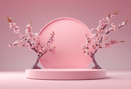 3d render of pink round podium with cherry blossom flowers on pink backgroundの素材
