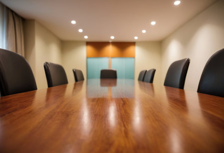 interior of a conference room with wooden table and chairs, blur backgroundの素材