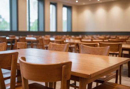 Empty wooden table and chairs in a lecture hall or seminar room.の素材