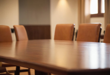 Wooden table and chairs in meeting room, shallow depth of fieldの素材
