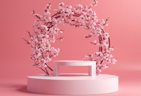 3d render of minimal product display podium with cherry blossom flowers.の素材