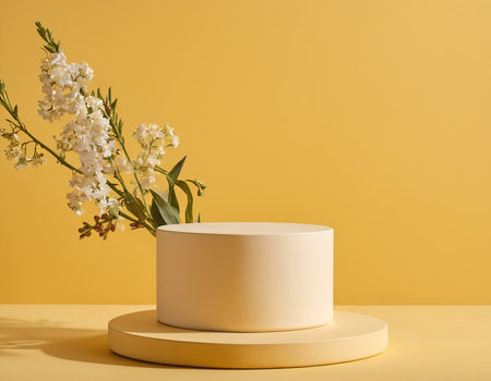 Minimal product display podium with flowers on yellow background. 3d renderの素材