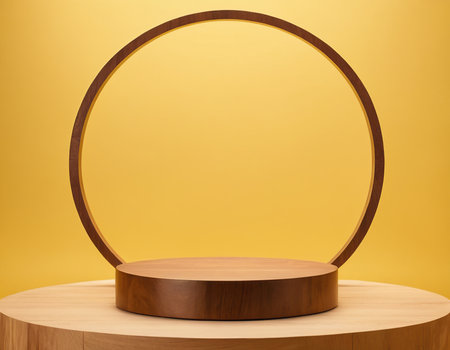 Wooden round podium on a yellow background. 3d rendering.の素材