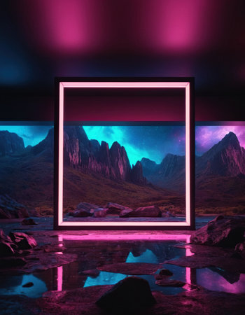 Fantasy landscape with mountains, stones and blue neon light. 3d renderingの素材