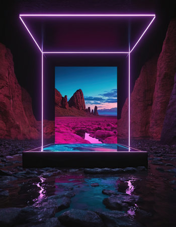 Neon tunnel in the desert, 3d rendering. Computer digital drawing.の素材