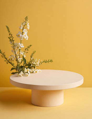 3d render of beige podium with white flowers on yellow backgroundの素材
