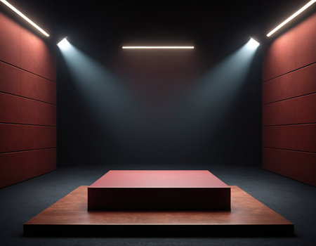 Empty podium illuminated by spotlights in a dark room. 3d renderingの素材
