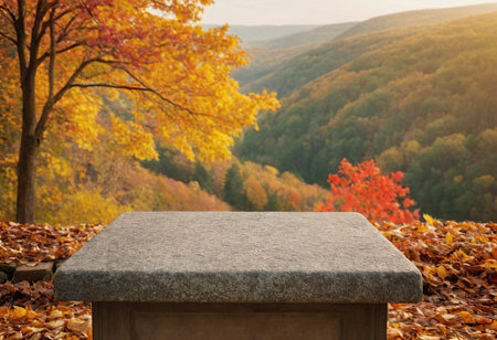 Empty top of stone table in front of beautiful autumn landscape. For product displayの素材