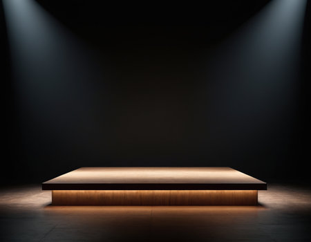 Empty podium in dark room with spotlight. Mock up, 3D Renderingの素材