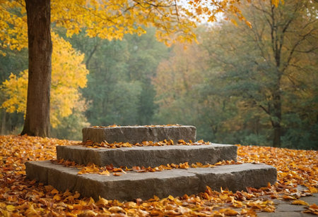 Stone steps in autumn park with fallen leaves on ground, selective focusの素材
