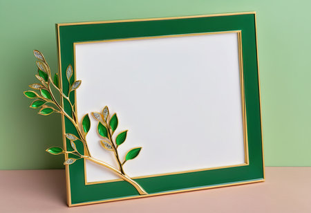 Picture frame mockup with green leaves on pastel background. 3d renderingの素材