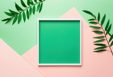Creative flat lay top view mockup of green square frame on pastel colorful paper background with copy space in minimal style. Template for feminine blog or social mediaの素材