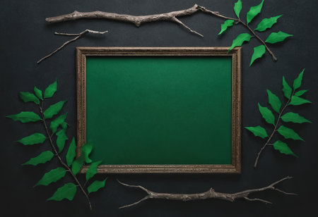 Empty green chalkboard with branch and leaves on black background, flat layの素材