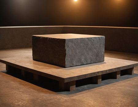 3d rendering of a stone podium in a dark room with lightsの素材
