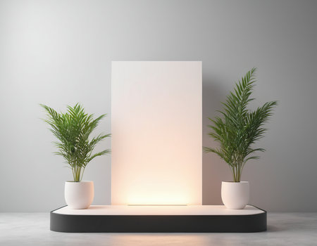 Minimalist display podium with palm tree in pot. 3d renderの素材