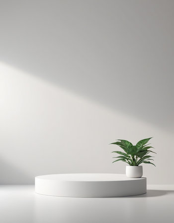 Minimalist scene with white podium and plant. 3d renderの素材