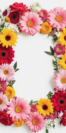 Flowers composition. Frame made of flowers on white background. Flat lay, top view, copy spaceの素材