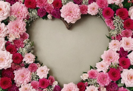 Heart shaped frame made of pink roses and gypsophila flowersの素材