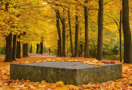 Stone bench in the autumn park. Autumn landscape with fallen leaves.の素材