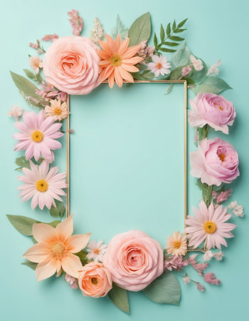 Flowers composition. Frame made of pink flowers on blue background. Flat lay, top view, copy spaceの素材