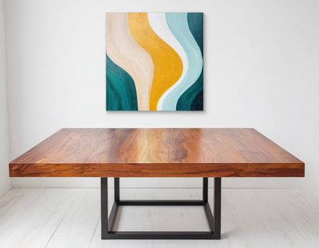 Wooden table in a modern room with a painting on the wallの素材