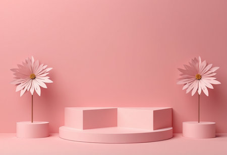 3d render, abstract minimal geometric forms, pastel pink background, podiums for product presentationの素材