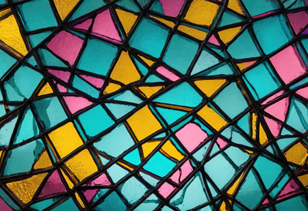 Colorful stained glass window in a church, closeup of photoの素材