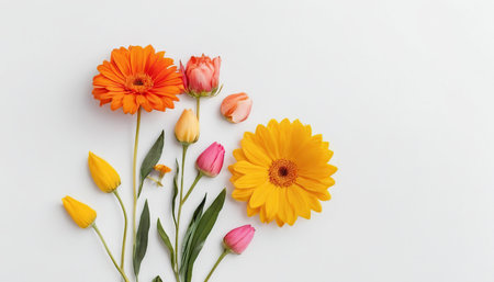 Flowers composition. Colorful flowers on white background. Flat lay, top view, copy spaceの素材