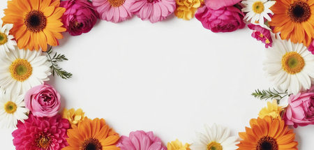 top view of frame made of colorful flowers on white background with copy spaceの素材