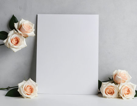 Blank sheet of paper and roses on gray background. Mockup for designの素材