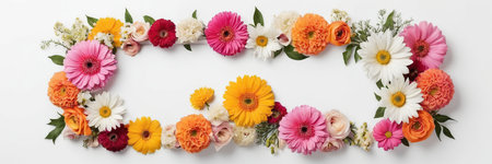 top view of frame made of colorful flowers on white background, panoramic shotの素材
