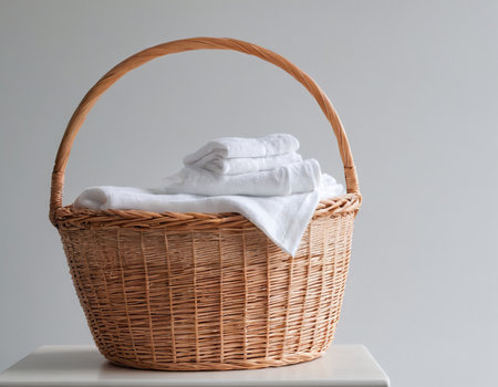 Wicker basket with white towels isolated on gray background, laundry conceptの素材