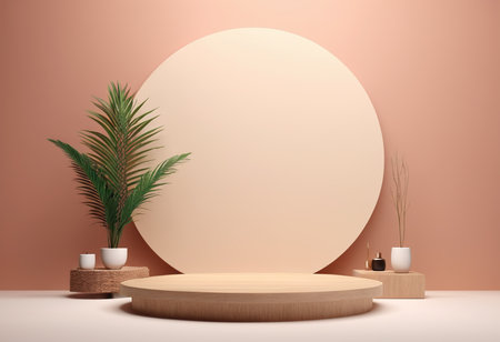 Minimal geometric podiums, 3d render, beige color backgroundの素材