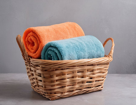 Bath towels in a wicker basket on a gray background.の素材