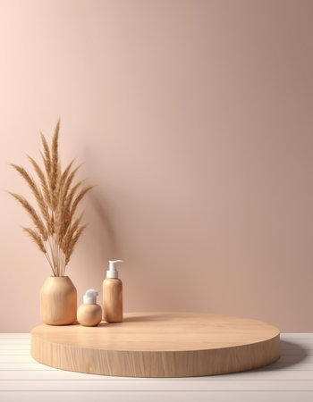 Pampas grass in vase and cosmetic products on round podium. 3d renderの素材