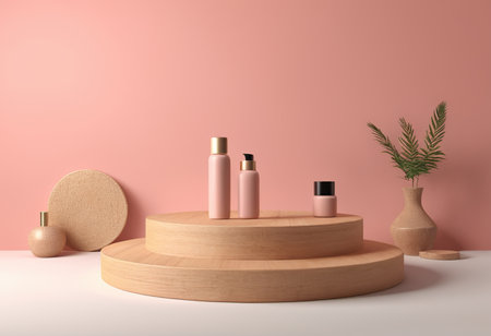 3d render of cosmetic product display podium in pink interior background.の素材