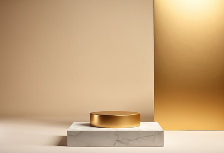 3d render of golden podium for product presentation. Minimal scene with pedestal or platform.の素材
