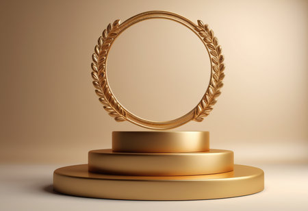3d rendering of golden round stage podium with golden laurel wreathの素材