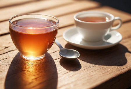 Cup of tea with spoon on wooden table in sunny day.の素材