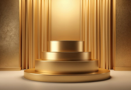 golden podium on the stage with gold curtain background. 3d renderingの素材